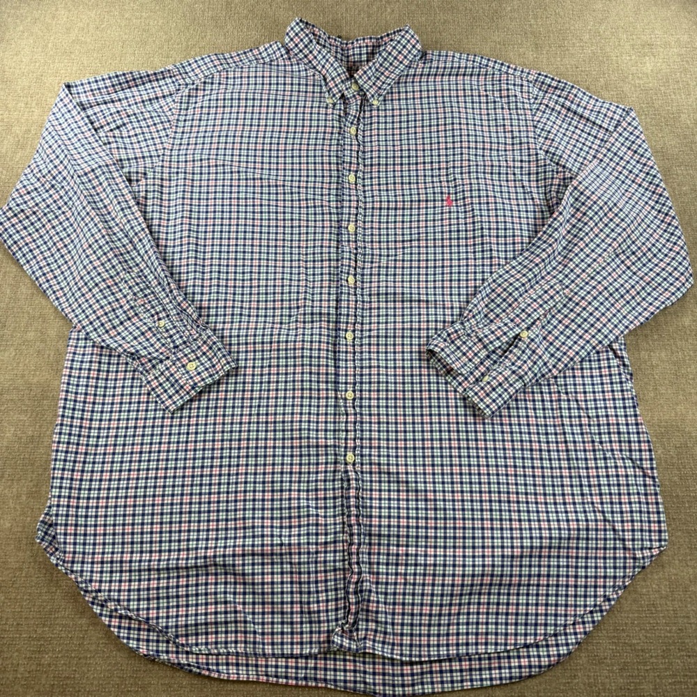 Ralph Lauren Mens 3XLT Tall Plaid Button Down Shirt Blue Pink Cotton Long Sleeve